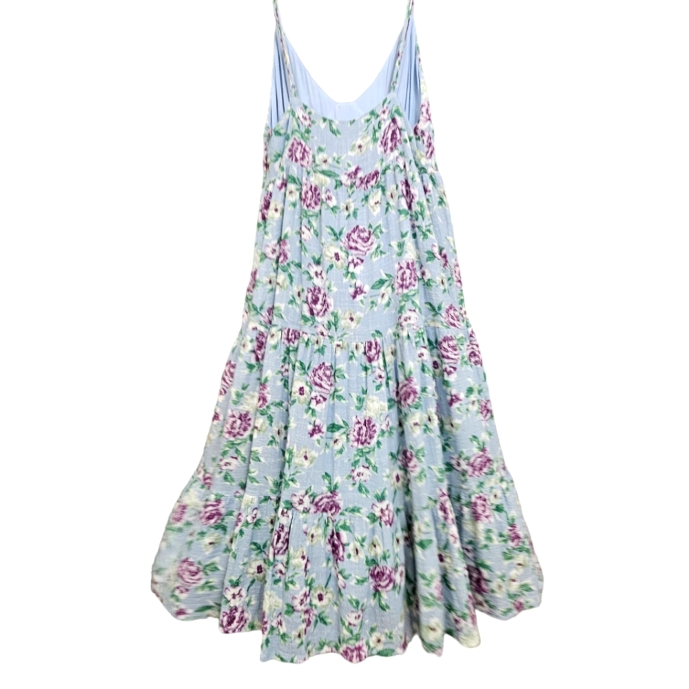 Lulu's Bliss Abound Bliss Baby Blue w/Purple Roses Ruffle Tiered Midi Dress - Picture 10 of 15